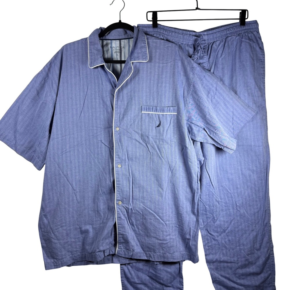 Nautica Pajama Set Mens L Blue Herringbone Cotton Short Sleeve Top Pants Coastal